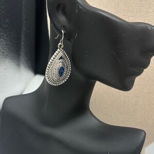 Silver Teardrop Earrings with Blue Stone - Women's Jewelry